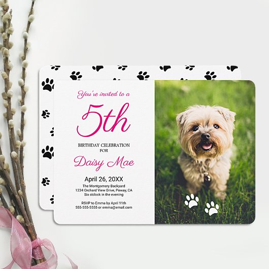 Black Paw Prints Pet Birthday Foto-uitnodiging Kaart