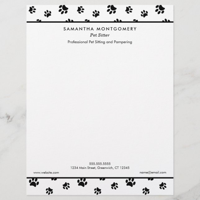 Black Paw Prints Professionele Huisdieroppasser Briefhoofd (Voorkant)