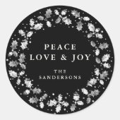Black Peace Love + Joy Holly Wreath Ronde Sticker (Voorkant)
