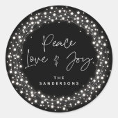 Black Peace Love+Joy Sparkling Lights Kerst Ronde Sticker (Voorkant)