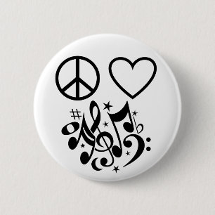 Black Peace Sign Red Heart Musical Harmony Ronde Button 5,7 Cm