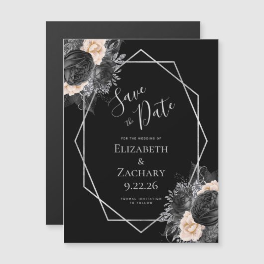 Black Peach Floral Geo Bewaar de datum Magnetische Uitnodiging (Voorkant / Achterkant)