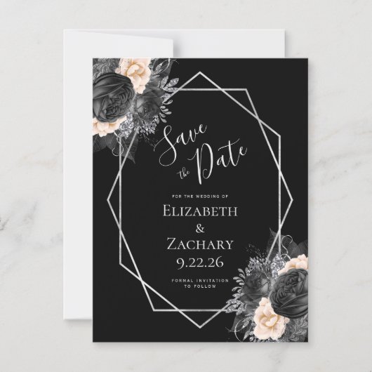 Black Peach Floral Geo Bewaar de datum Magnetische Uitnodiging (Voorkant)