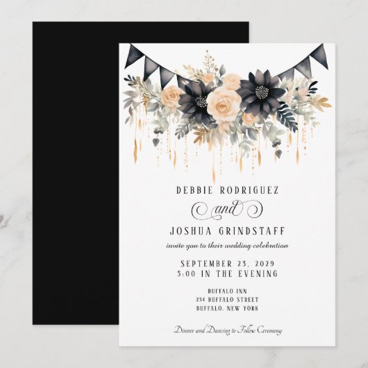 Black & Peach Floral Wedding Invitation  Kaart (Voorkant / Achterkant)
