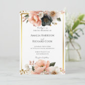 Black Peach Gold Floral Customizable Wedding  Kaart (Staand voorkant)