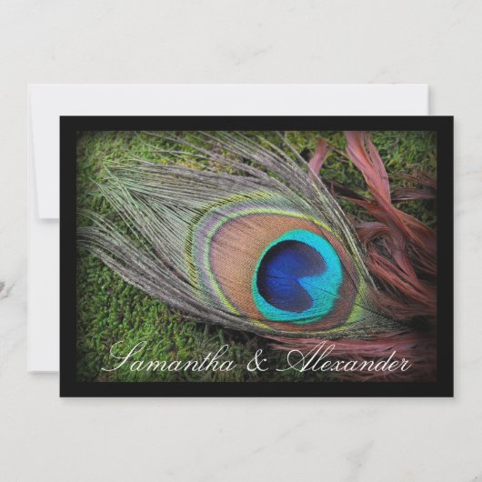 Black Peacock Feather w / Moss bruiloft uitnodigin Kaart (Achterkant)