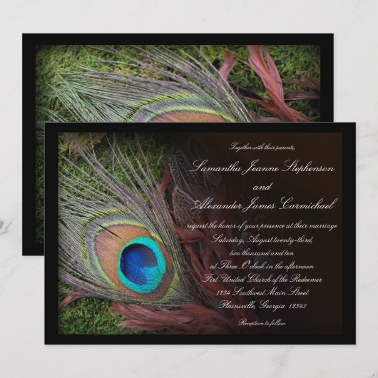 Black Peacock Feather w / Moss bruiloft uitnodigin Kaart (Voorkant / Achterkant)