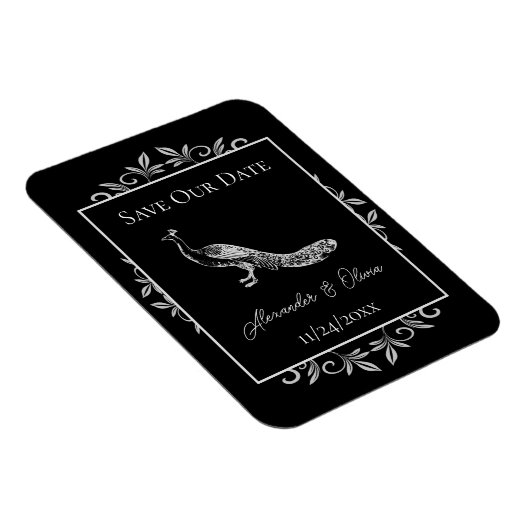 Black Peacock Flourish Save the Date Magnet Magneet (Rechterzijde)