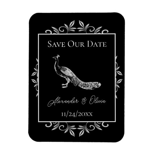 Black Peacock Flourish Save the Date Magnet Magneet (Verticaal)