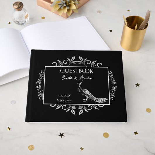 Black Peacock Flourish Wedding Guest Book Gastenboek (Voorkant open)