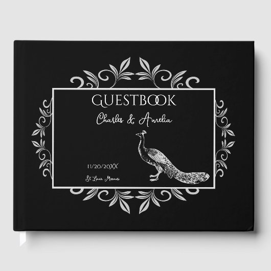 Black Peacock Flourish Wedding Guest Book Gastenboek (Voorkant)