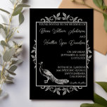 Black Peacock Flourish Wedding Invitation Kaart<br><div class="desc">Vier je liefde in levendige elegantie met deze Black Peacock Flourish Wedding Invitation. Omlijst met sierlijke bloemen en met een opvallend pauwmotief, combineert dit ontwerp vorstelijke charme met moderne eenvoud. Elegant script toont de namen van de bruid en bruidegom, terwijl strakke, moderne typografie de essentiële huwelijksdetails in een duidelijke en...</div>
