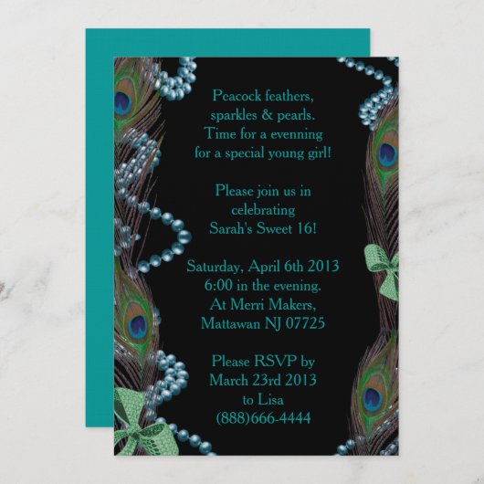 Black Peacock-uitnodiging Kaart (Voorkant / Achterkant)