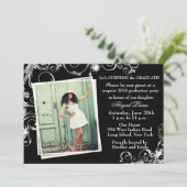 Black & Pearl Swirl Afstuderen Uitnodiging (Staand voorkant)