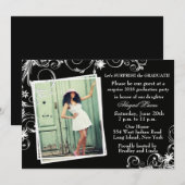 Black & Pearl Swirl Afstuderen Uitnodiging (Voorkant / Achterkant)