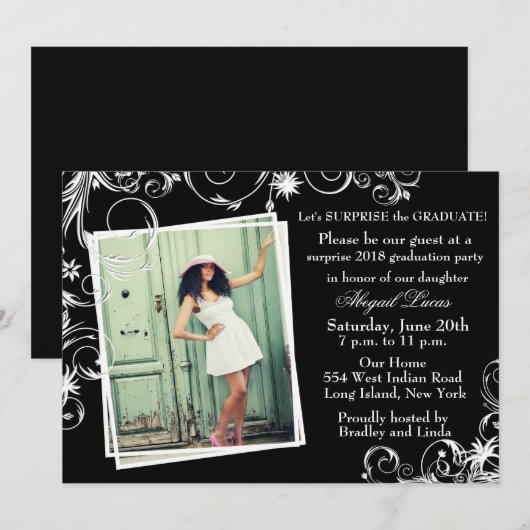 Black & Pearl Swirl Afstuderen Uitnodiging (Voorkant / Achterkant)