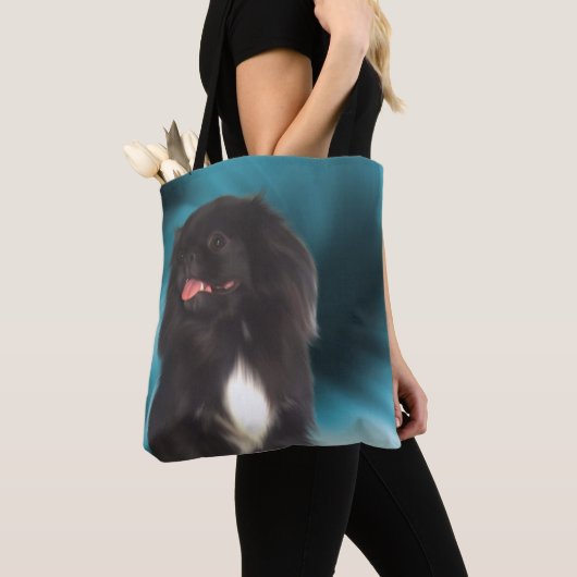 Black Pekingese Blue Swirls Dog Art Tote Bag (Dichtbij)