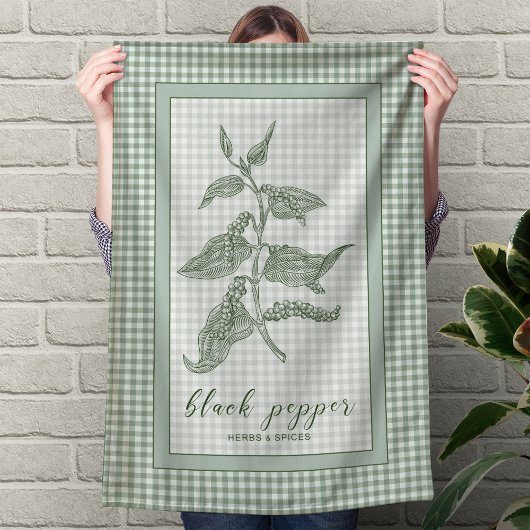 Black Pepper Herb - Green Gingham Border Theedoek