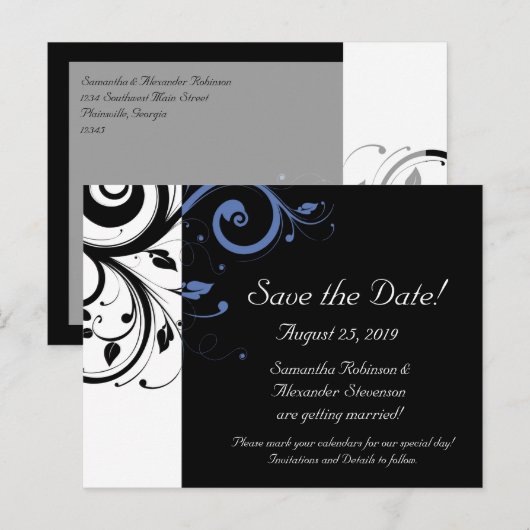 Black Periwinkle Cornflower Blue Floral Wedding Aankondigingskaart (Voorkant / Achterkant)