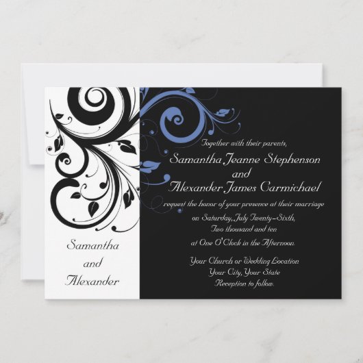 Black Periwinkle Cornflower Blue Floral Wedding Kaart (Voorkant)
