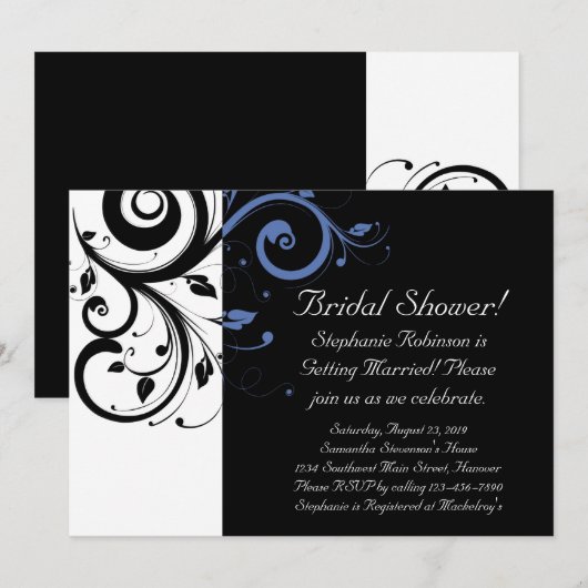 Black Periwinkle Cornflower Blue Floral Wedding Kaart (Voorkant / Achterkant)