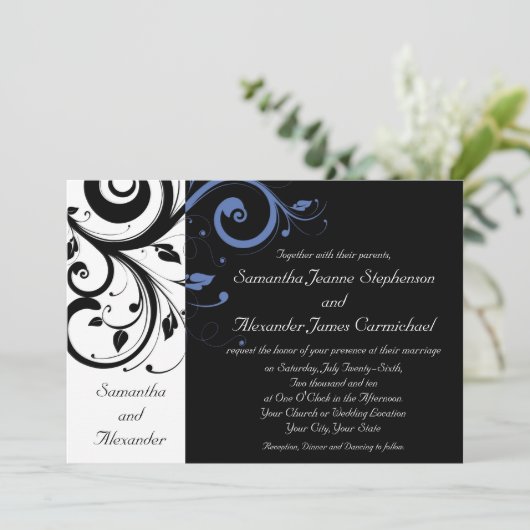 Black Periwinkle Cornflower Blue Floral Wedding Kaart (Staand voorkant)