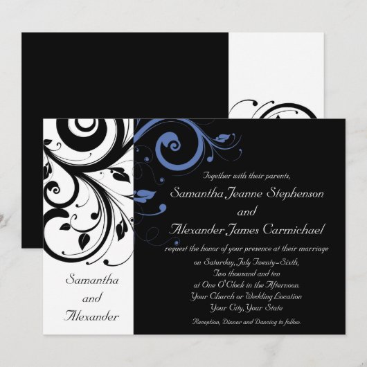 Black Periwinkle Cornflower Blue Floral Wedding Kaart (Voorkant / Achterkant)