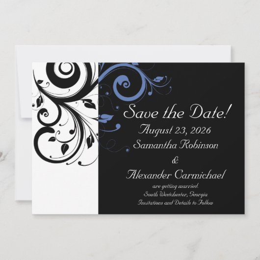 Black Periwinkle Cornflower Blue Floral Wedding Save The Date (Voorkant)