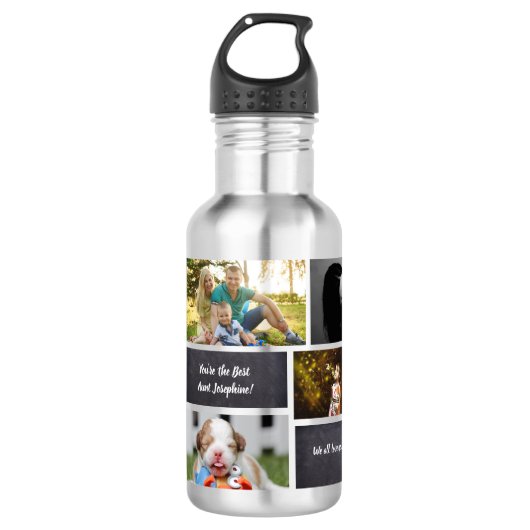 Black Personalized Modern Photo Collage Auntie Waterfles (Voorkant)