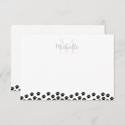 Black Pet Paw Prints Custom Monogram Cute  Notitiekaartje (Voorkant / Achterkant)