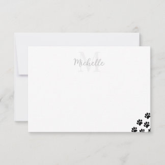 Black Pet Paw Prints Custom Monogram Simple  Notitiekaartje