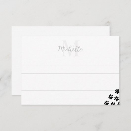 Black Pet Paw Prints Monogram With Lines  Notitiekaartje (Voorkant / Achterkant)