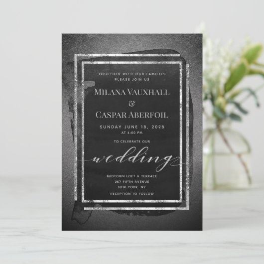 Black Pewter & Silver Lijsten Metallic Wedding Kaart (Staand voorkant)
