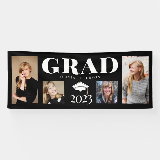Black Photo Collage Afstuderen Klasse 2023 Spandoek (Horizontaal)