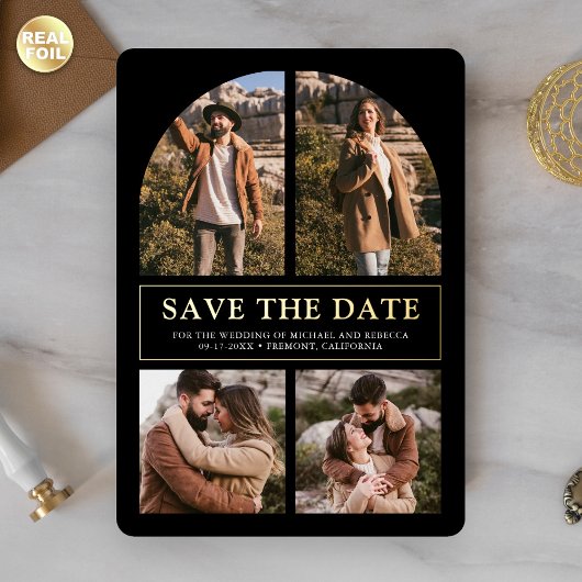 Black Photo Collage Wedding Save the Date Gold Folie Uitnodiging