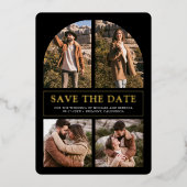 Black Photo Collage Wedding Save the Date Gold Folie Uitnodiging (Voorkant)