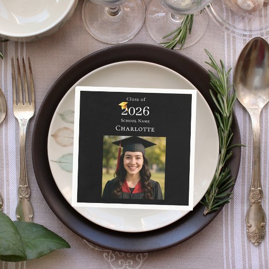 Black photo modern Graduation Party luncheon Servet