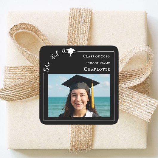 Black photo modern She Did it Graduation Party Vierkante Sticker