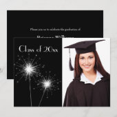 Black Photo Sparkler Afstuderen Invite Kaart (Voorkant / Achterkant)
