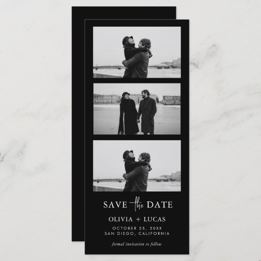 Black Photo Strip Wedding QR Code Bewaar de datum (Voorkant / Achterkant)