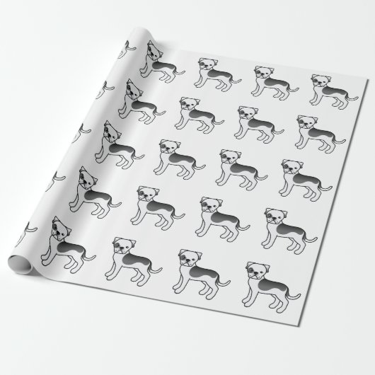 Black Piebald American Bulldog Cartoon Dog Pattern Cadeaupapier (Uitgerold)