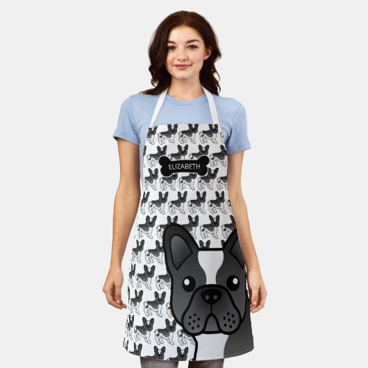 Black Pied French Bulldog Cute Cartoon Dog & Name Schort (Gedragen)