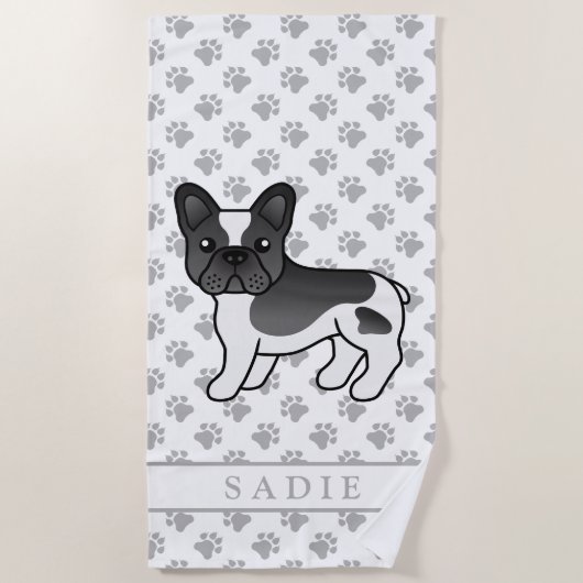 Black Pied French Bulldog Cute Cartoon Dog & Name Strandlaken (Voorkant)