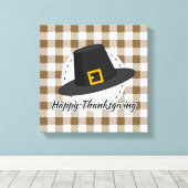 Black Pilgrim Hat on Brown Plaid - Thanksgiving Canvas Afdruk (Insitu (Houten vloer))