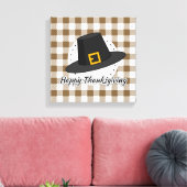 Black Pilgrim Hat on Brown Plaid - Thanksgiving Canvas Afdruk (Insitu (Woonkamer))