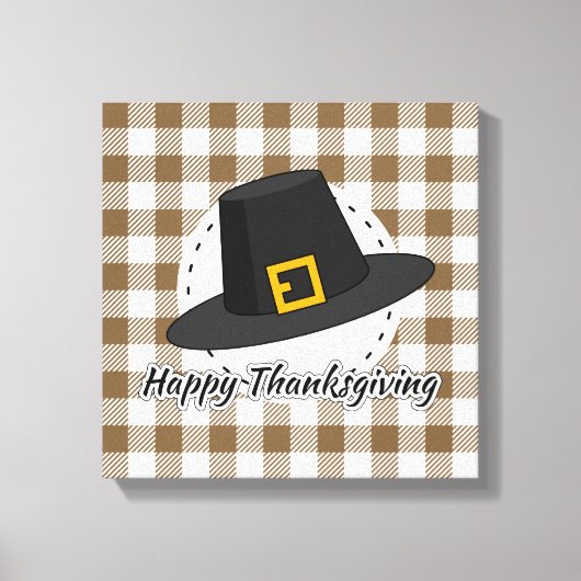 Black Pilgrim Hat on Brown Plaid - Thanksgiving Canvas Afdruk (Voorkant)