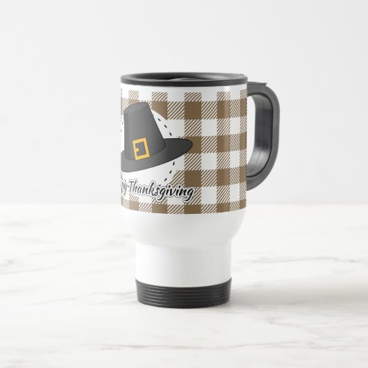 Black Pilgrim Hat on Brown Plaid - Thanksgiving Reisbeker (Voorkant rechts)