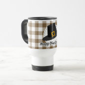 Black Pilgrim Hat on Brown Plaid - Thanksgiving Reisbeker (Voorkant links)