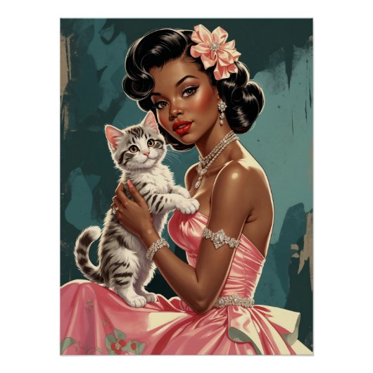 Black Pin-Up Roze Jurk en Schattigee Kitten Perfect Poster (Voorkant)