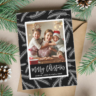 Black Pine Branch Pattern Merry-kerstfoto Feestdagenkaart